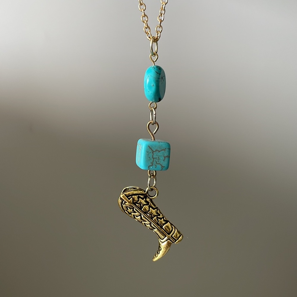 Cowboy boot and turquoise gemstone necklace